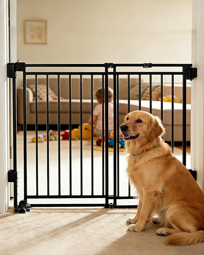 Baby Gate for Stairs Doorways & Kitchen, 26.4"-43" W x 29" H, No Bottom Bar Dog Gate, One-Handed Auto-Close, Hardware Mount Safety Gate for Dogs & Toddlers, Black