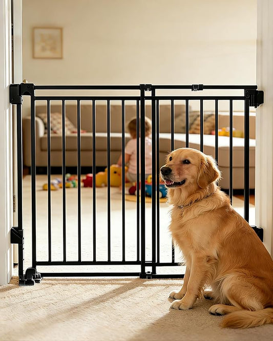 Baby Gate for Stairs Doorways & Kitchen, 26.4"-43" W x 29" H, No Bottom Bar Dog Gate, One-Handed Auto-Close, Hardware Mount Safety Gate for Dogs & Toddlers, Black