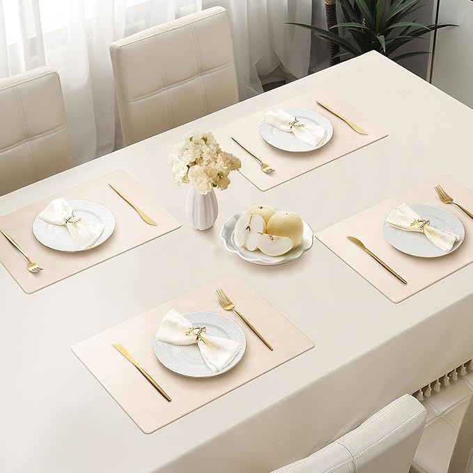 Roxifina Faux Leather Placemats Set of 4 - Vinyl Placemats Wipeable Waterproof Oil-Proof PU Place Mats Heat Resistant Reversible Table Mats for Dining, Kitchen, Outdoor, 12 x 17 Inch (Beige)