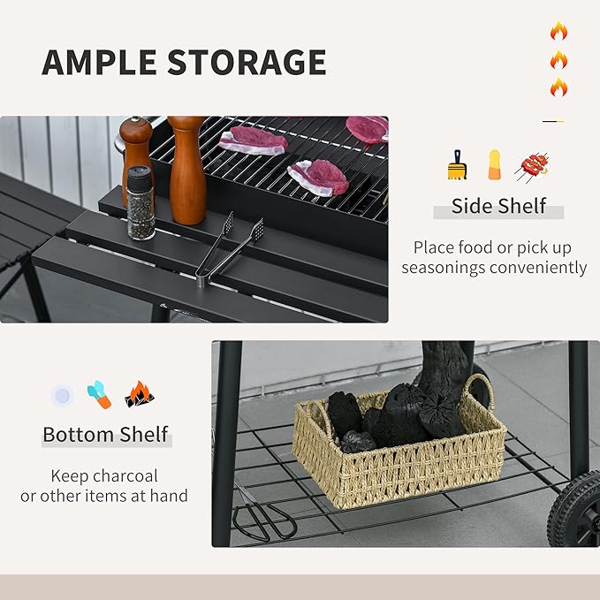 30 Inch Portable Barrel Charcoal Grill with Offset Smoker, Steel Outdoor BBQ Grill with Storage Shelves and Wheels, Charcoal Smoker Grill for Backyard, Camping & Picnic
