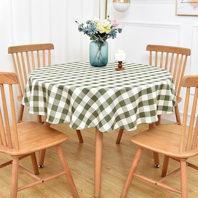 Gingham Table Cloth for Round Tables Green Checkered Plaid Tablecloth Heavy Duty Cotton Blend Washable & Wrinkle Table Cover for Outdoor Kitchen Dining Picnic Camping (60 inch Diameter)