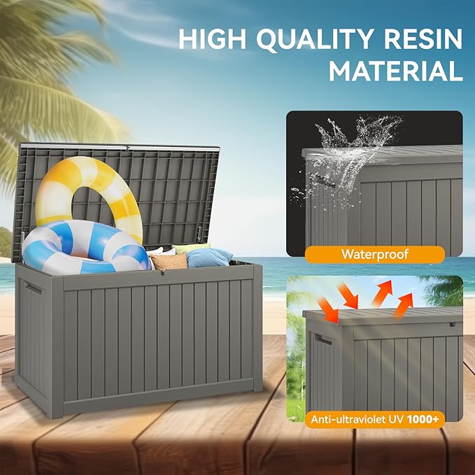NUNU LAB 270 Gallon Large Resin Deck Box, Waterproof Outdoor Storage Box, Lockable Storage Bin for Patio Furniture, Garden Tools, Pool Accessories, UV-Resistant & All-Weather, Grey