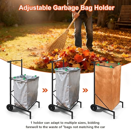 Metal Leaf Bag Holder, 50-55 Gallon Adjustable Trash Bag Holder, Height Added Design Garbage Bag Trolley with wheels,Trash Bag Holder Stand Suitable for Yard and Lawn Cleaning, Camping, and Gathering