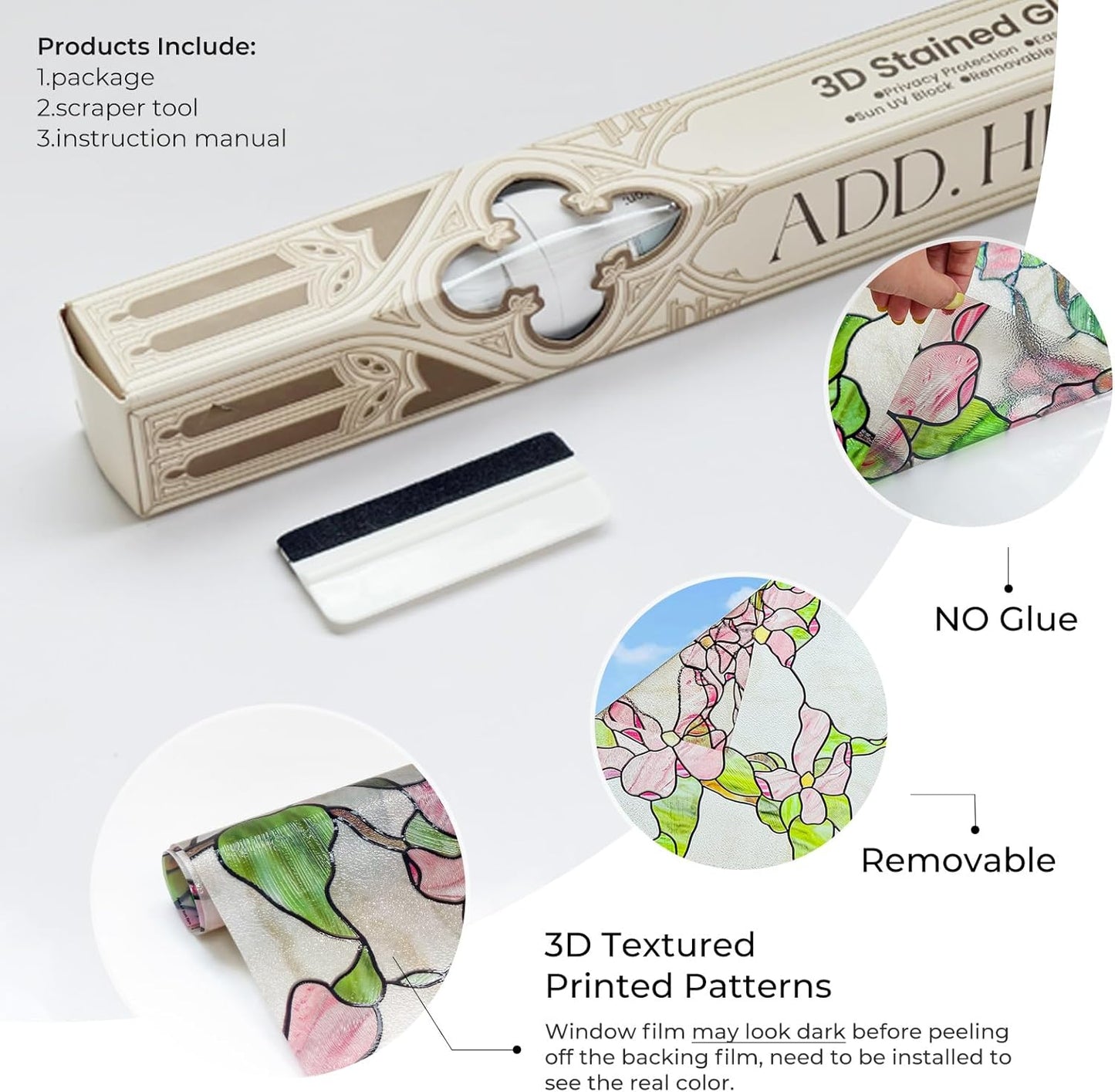 3D Stained Glass Window Film, Decorative Window Privacy Film for Bathroom,Front Door,Home, Sun Blocking Heat Control,Static Cling,23.6inch x 35.4inch Pink sprigs