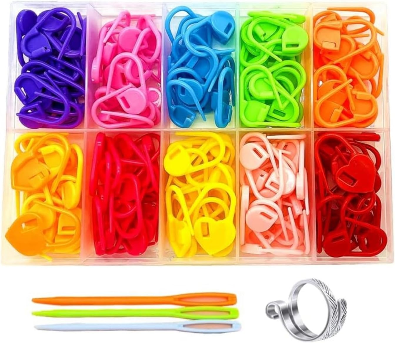 Hayodo Stitch Markers 10 Colors Knitting Crochet Locking 60/160/240Pcs Stitch Needle Clip Counter with 3 Plastic Needle Randomly and 1 Knitting Crochet Loop Ring (Multicolor-240 pcs)