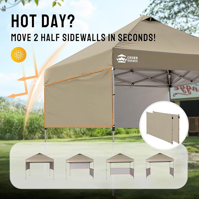 CROWN SHADES 10x10 Pop up Canopy Tent Instant Canopy with 150D Silver Coated Fabric Including 2 Half Sidewalls, 4 Ropes, 8 Stakes, 4 Weight Bags, STO 'N Go Bag, Beige