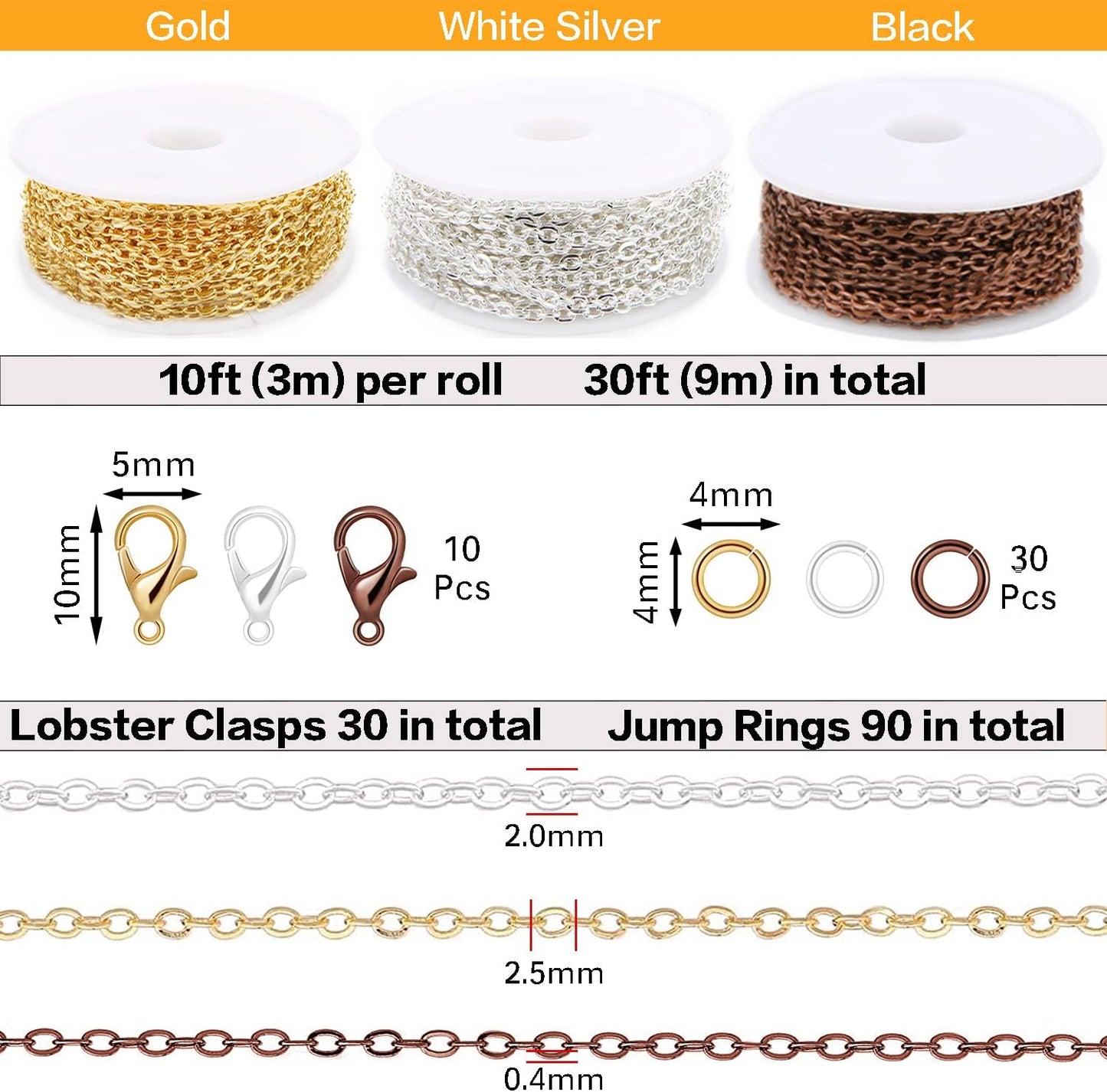 Jishi 30ft Jewelry Making Chains Bulk 2mm Necklace Chains for Jewelry Making Supplies, DIY Craft Earring Bracelet Making Findings, 3-Colors Gold Silver Copper Plated Metal Rolo Cable Link Chain Rolls