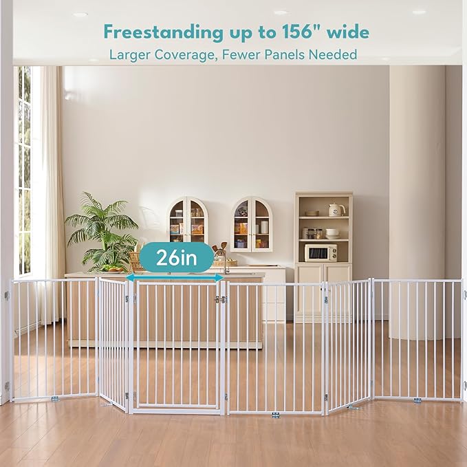 No Pawblems Free Standing Dog Gate with Door, 36'' Tall Foldable Dog Fence for Indoor & Outdoor, Up to 156 Inch Extra Wide Christmas Tree Fence, Hallways, Doorways, Deck, Yard (White, 6 Panels)