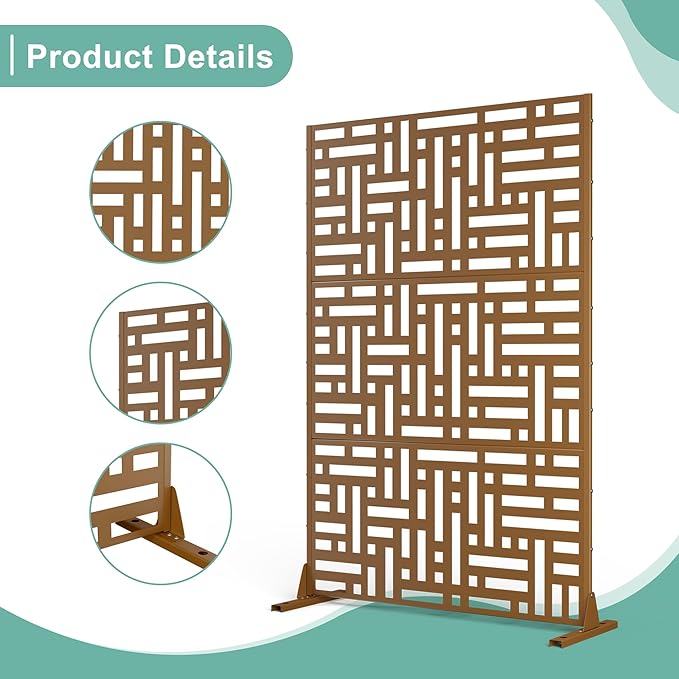 Metal Privacy Screen for Outdoor & Indoor Use, Free Standing Privacy Screen for Patio Garden Pool, 72" H x 47" W Decoative Privacy Panels, Weather Resistant, Easy Assembly (Brown Helen Street)