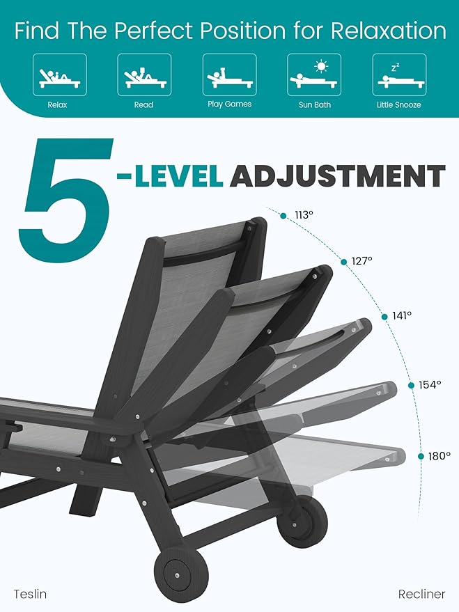 SERWALL Textilene Patio Chaise Lounge Chair Set of 2, 5 Positions Outdoor Lounger with Rolling Wheels for Pool, Deck, Black