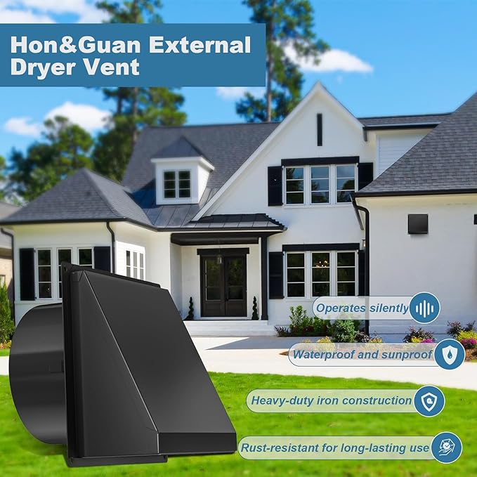 Hon&Guan 4 Inch Dryer Vent Cover Outside with Removable Mesh, Wall Mount Extractor Vent with Rubber Cushioned Non-Return Flap, High Quality Iron Outside Dryer Vent Cover for House