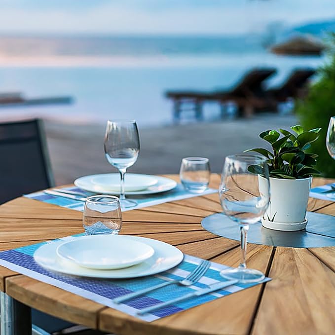 Set of 6 Colorful Striped Vinyl Placemats Heat-Resistant Washable Placemats Non-Slip Woven Table Mats Wipeable Placemat for Kitchen Dining Table Decoration Indoor Outdoor (Ocean Blue)
