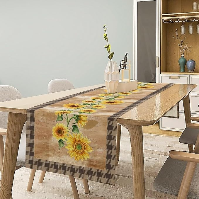 Yellow Sunflower Table Runner, Spring Sunflower Seasonal Country Fall Retro Plant Table Runners for Kitchen Farmhouse Dining Coffee Party 13x90in