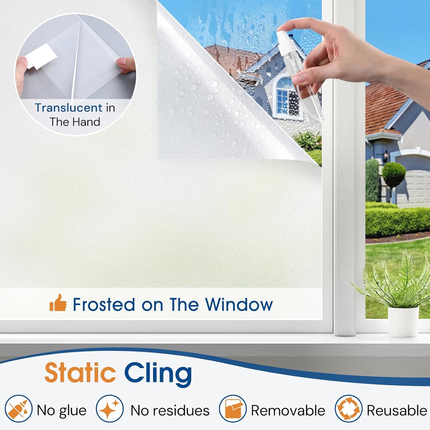 Homein Frosted Glass Window Privacy Film with Tools UV Blocking Privacy Film for Glass Windows, Static Cling No Glue Removable Reusable Anti Glare for Home Day and Night, Pure 17.5x78.7 inch