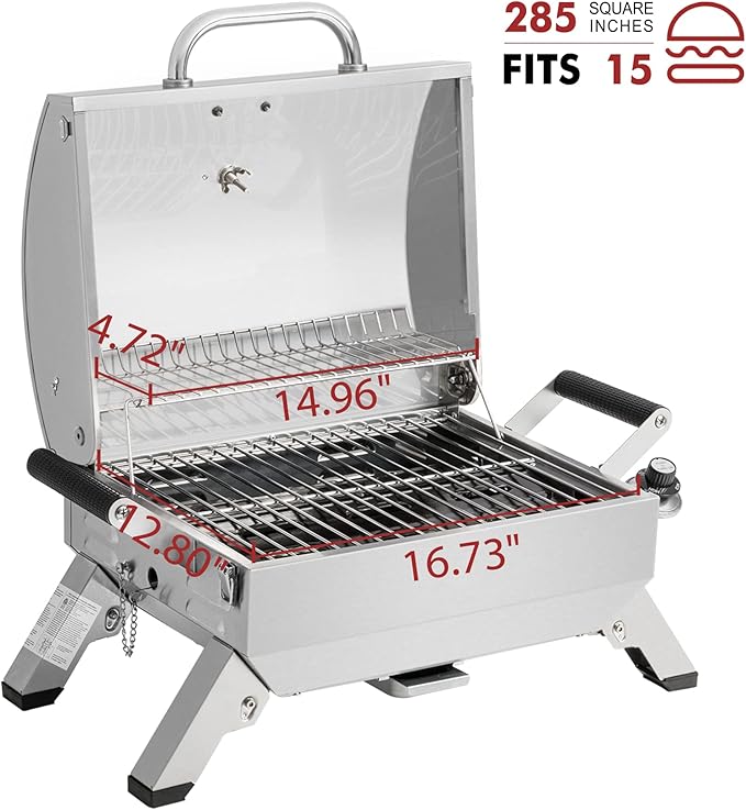 Stainless Steel Portable Grill with Two Handles and Travel Locks, Tabletop Propane Gas Grill with Folding Legs, 10000 BTU, for Picnic Cookout, GT2001, Silver