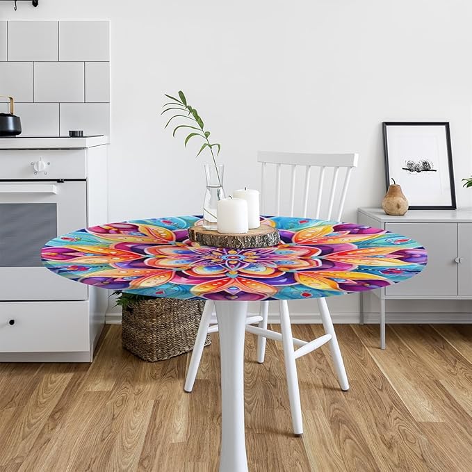 Floral Colorful Bright Vintage Round Table Cloth Cover, Elastic Edge Waterproof Wipeable Tablecloths 45"-56" Polyester Tablecloth for Party Restaurant Banquet Holiday Camping Outdoor Picnic