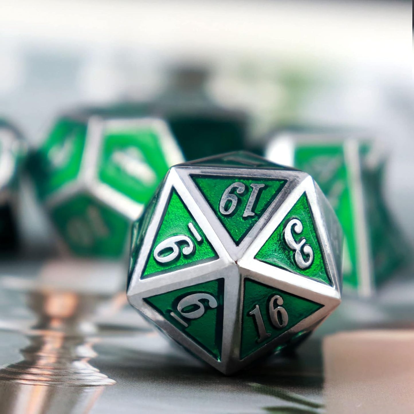 Haxtec 7 Die Metal DND Dice Set Green Elven Goblin D&D Dice Set Compatible with Dungeons and Dragons RPG Gaming-Silver Emerald Green Elvish Dice