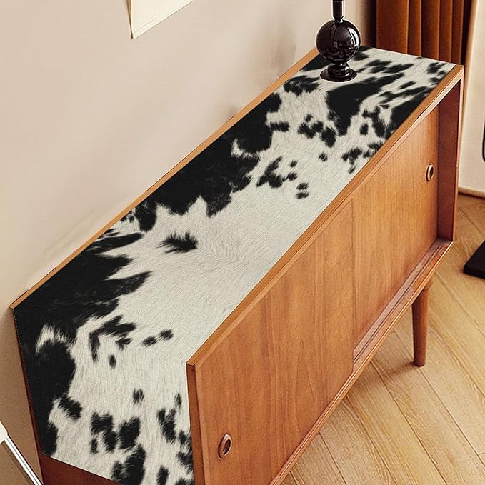 Cow Print Table Runner, Black Cowhide Print Western Style Table Runner Country Farmhouse Cottage Cow Pattern Linen Table Decoration for Home Kitchen Dining 13x36