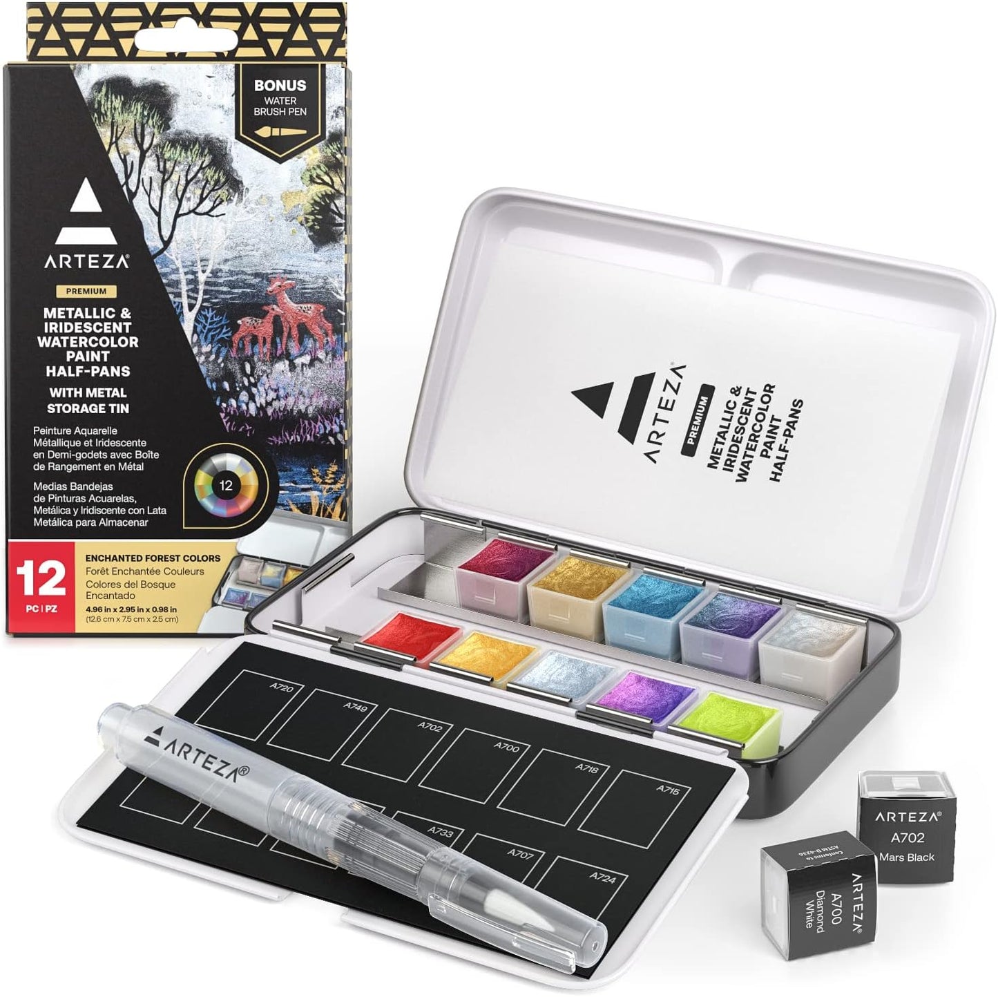 ARTEZA Watercolor Paint Set, 12 Metallic Watercolor Paints, Glitter Watercolor Paint in Half Pans, Travel Watercolor Set