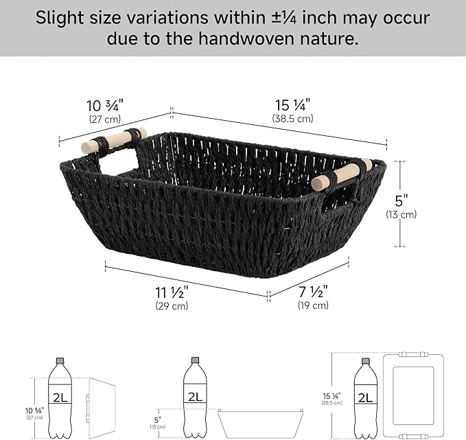 StorageWorks Large Wicker Storage Basket for Organizing with Wooden Handles, Toilet Paper Baskets for Shelf, Black, 2-Pack