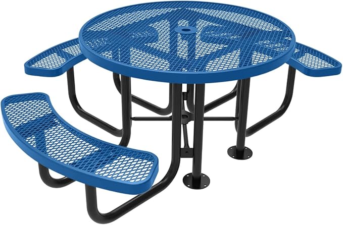 COATEDOUTDOORFURNITURE Heavy-Duty Portable Outdoor Picnic Table with Umbrella Hole, Expanded Metal Patio Dining Furniture Made in America (46" Round Top, Textured Light Blue)