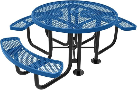 COATEDOUTDOORFURNITURE Heavy-Duty Portable Outdoor Picnic Table with Umbrella Hole, Expanded Metal Patio Dining Furniture Made in America (46" Round Top, Textured Light Blue)