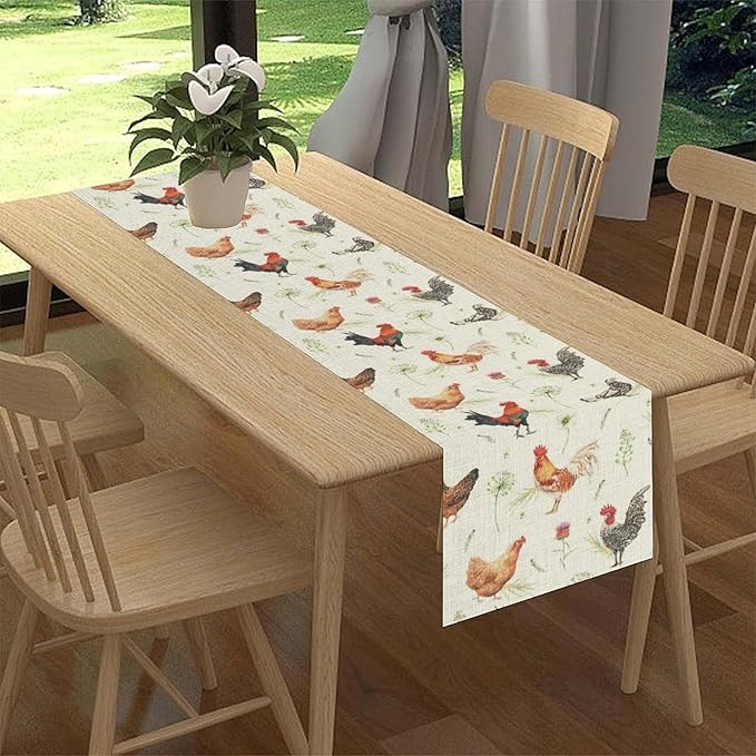 Farmhouse Rooster Table Runner, Rustic Farm Animals Cow Pig Chicken Coffee Table Center Decor for Home Kitchen Dining Patio Holiday Party Indoor Outdoor Table Decorations, 13"x72" Inch