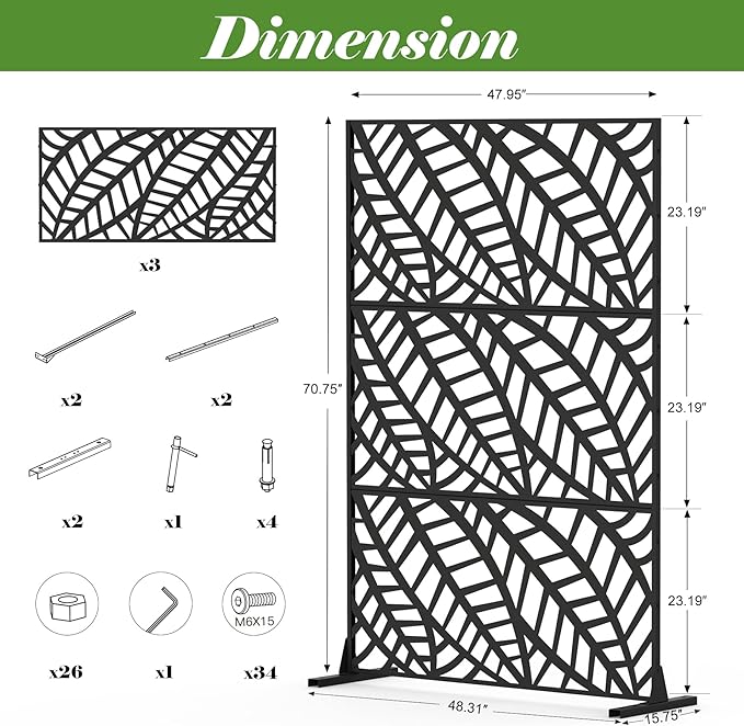 Domi Metal Privacy Screen, Freestanding Outdoor Indoor Divider, Decorative Privacy Screen Panels for Balcony Patio Garden, Leaf-Shaped