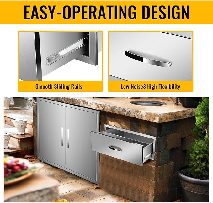 Outdoor Kitchen Stainless Steel Triple Access BBQ Drawers With Handle For BBQ Island Patio Grill Station,Single Drawer