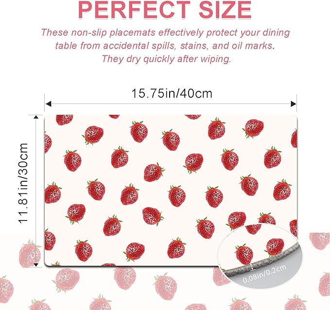Strawberry Placemats Set of 4 - Faux Leather Heat Resistant Placemats for Dinner Table, Non-Slip Waterproof Oil-Proof Washable Reusable Placemat for Indoor Outdoor Kitchen Decor, 15.75In*11.81In
