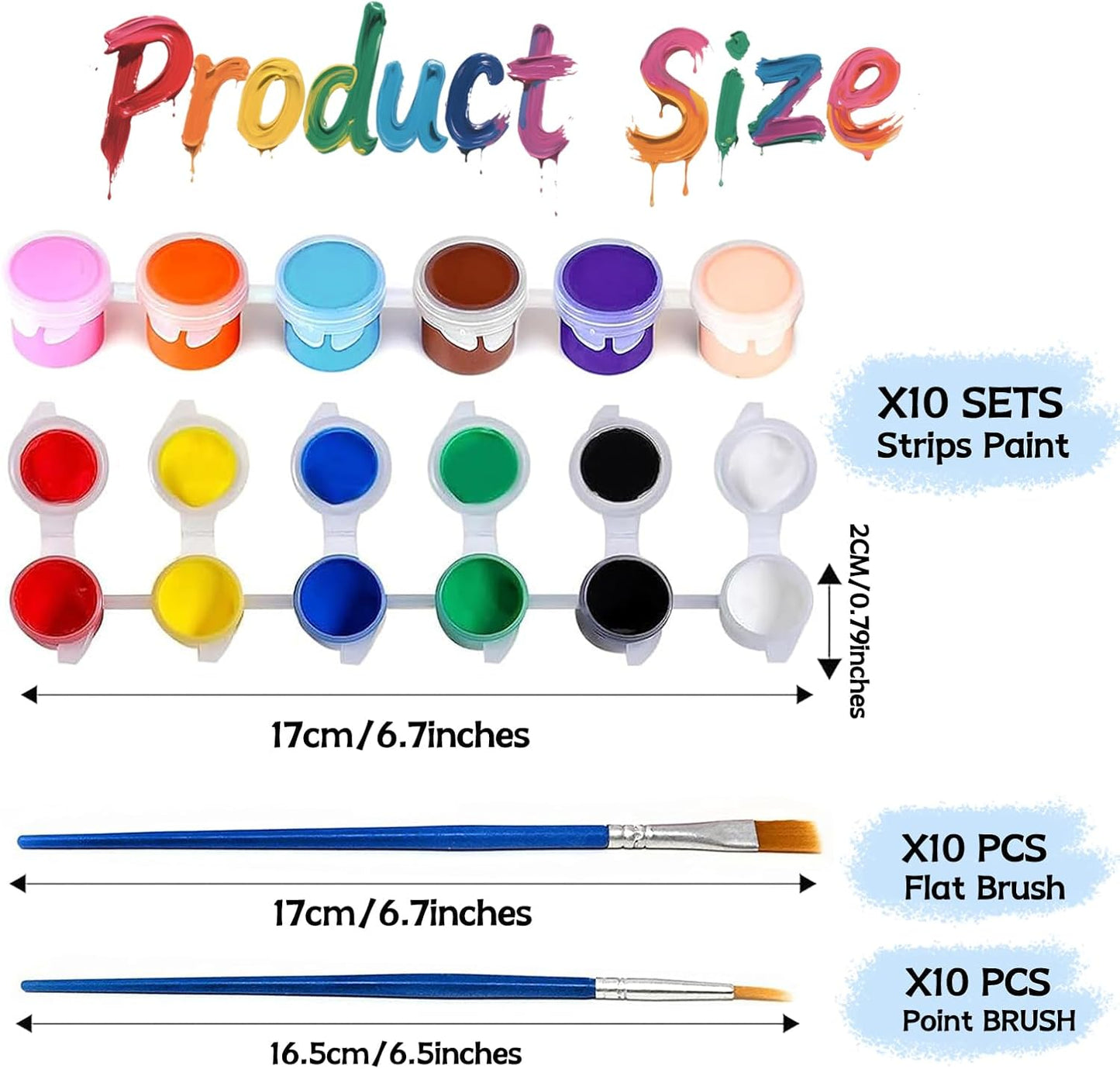 10 Pack Mini Acrylic Paint Set, 12 Colors Washable Paint Strips for Kids & Adults - Includes 20 Brushes (10 Flat + 10 Pointed), kids Paint Kits for Easter Eggs, Birthday, Classroom Party, Art Gifts