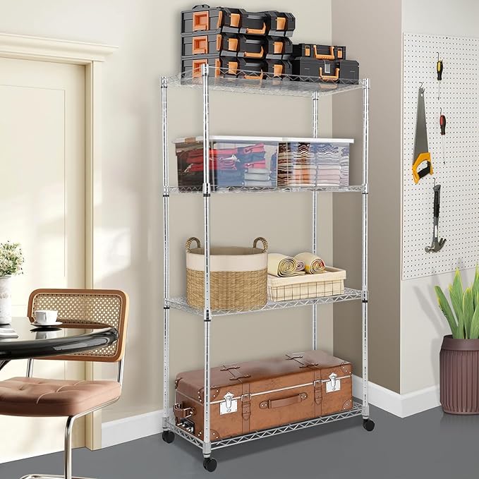 Whitmor 4 Tier Storage Shelves, Heavy Duty with Wheels, 400 lbs Capacity per Shelf, Max 1600 lbs Total, Adjustable Steel Organizer for Garage, Kitchen, Bathroom, 36" L x 18" W x 59" H, Chrome