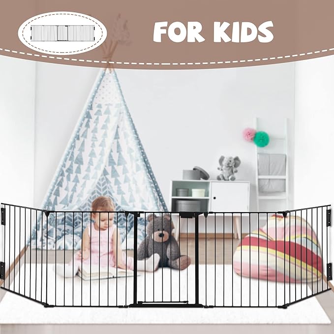 AUXSOUL 118" Wide Baby Gate Metal Safety Playpen - Fireplace Fence for Toddler/Pet/Dog, Fits 72"- 118" Wide, 5-Panel (30" H, Black)