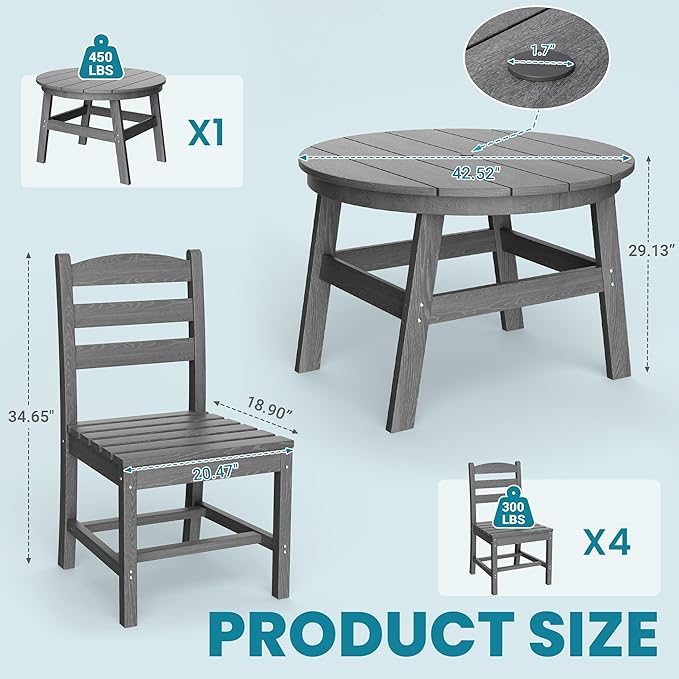 5 Piece Round Outdoor Dining Set, Relaxing HDPE Outdoor Table and Chairs with 105° Ergonomic Backrest, All-Weather Patio Table and Chairs Set with Umbrella Hole for Porch, Poolside, Gray