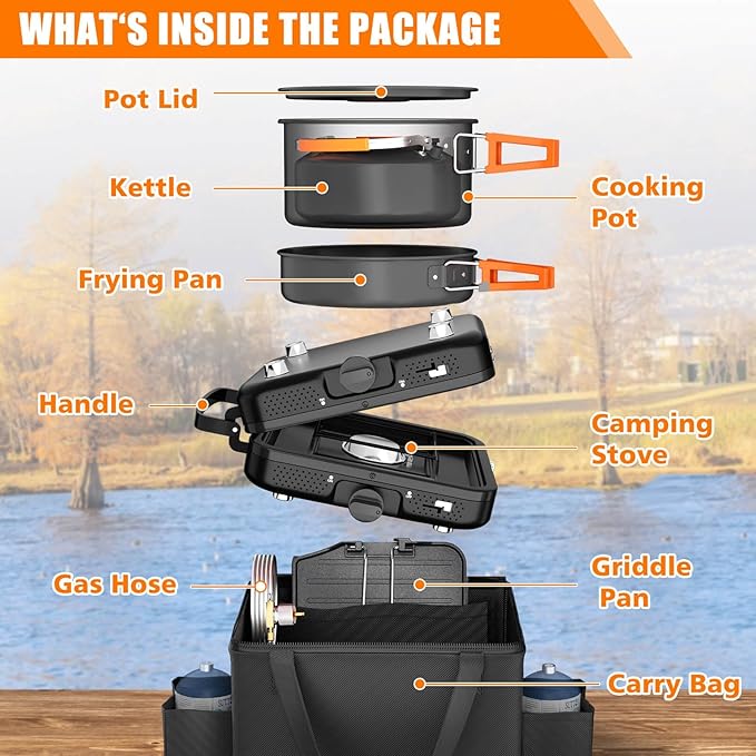 Hisencn Camping Stove,2 Burner Propane Stove,20000 BTU/h Camping Cooking set Includes Frying Pan,Kettle and Pot,Adjustable Burners & Piezo Ignition,Portable stove for camping Outdoor,Black