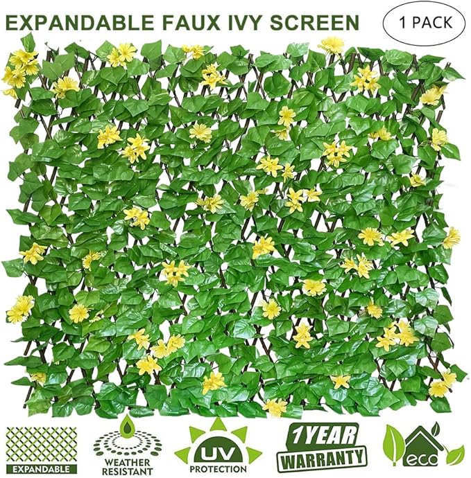 Expandable Fence Privacy Screen for Balcony Patio Outdoor,Decorative Faux Ivy Fencing Panel,Artificial Hedges (Single Sided Leaves) (1, Yellow Flowers)