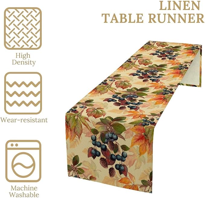 Autumn Leaf Table Runner, Thanksgiving Autumn Harvest Watercolor Black Berry Floral Fruit Leaves Vintage Table Runner for Home Party Picnic Dinner Table Decor, 13x108inch