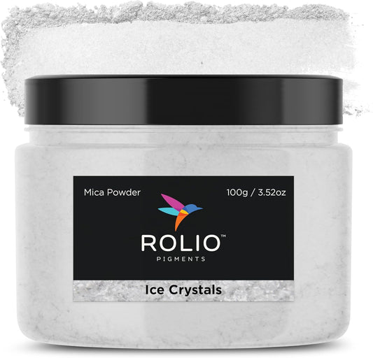 Rolio Premium White Mica Powder - Ice Crystals (100G / 3.5 oz) - 1 Jar of White Pigment Powder for Epoxy Resin, Dye, Soap Making, Nail Polish, Paint, Candle Making, Bath Bombs, Slime