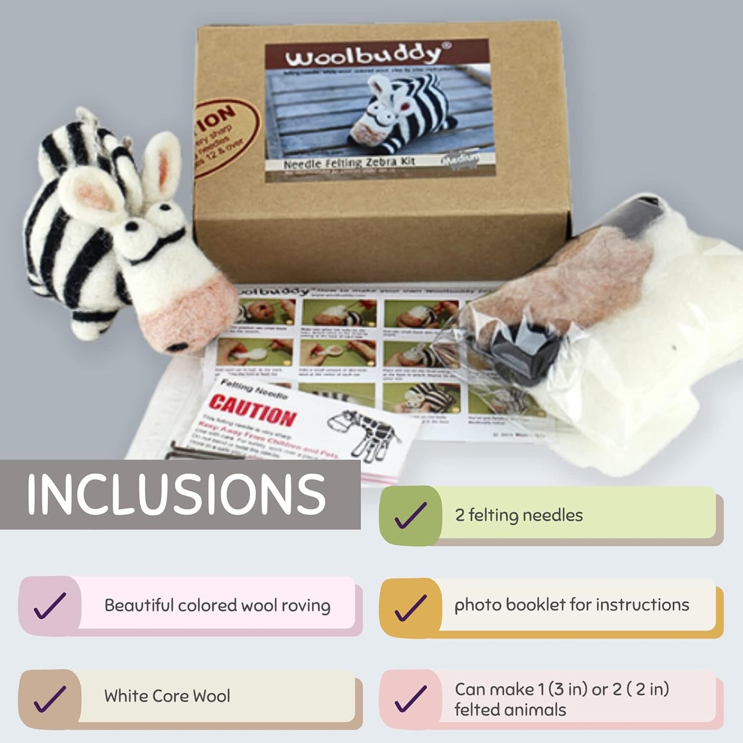 Woolbuddy Needle Felting Kit for Beginners & Adults – Zebra DIY Felt Animal Starter Kit with Natural Wool Roving, Felting Needles & Step-by-Step Instructions