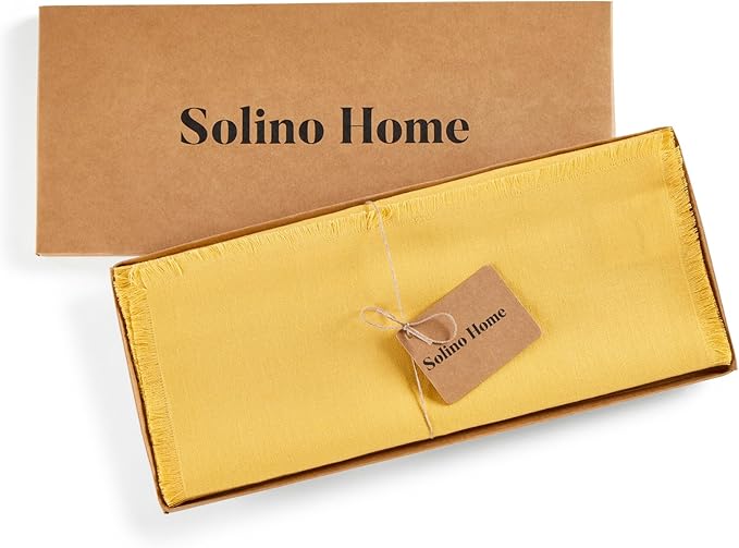 Solino Home Linen Fringe Table Runner 72 Inches Long - 100% Pure Linen Marigold Yellow Table Runner 14 x 72 Inch for Spring, Easter