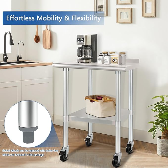 HARDURA Stainless Steel Table 24 x 30 Inches with Wheels Casters NSF Heavy Duty Commercial Prep Table with 2” Backsplash and Adjustable Undershelf for Restaurant Kitchen Home and Hotel
