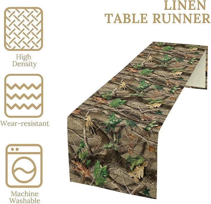 Forest Camouflage Table Runner, Camo Conifer Oak Branches Mossy Hunting Lodge Camp Cabin Table Runner for Kitchen Dining Room Party Camping 13x90in