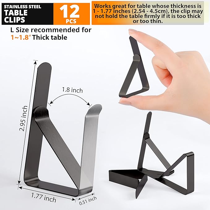 Tablecloth Clips Black - 12 Pack Stainless Steel, Rust Proof & Non-Slippery Table Cloth Holding Clip - Perfect for Restaurants, Picnic, Party, Outdoor Dining - Fits Up to 1.8 Inch Thick Table