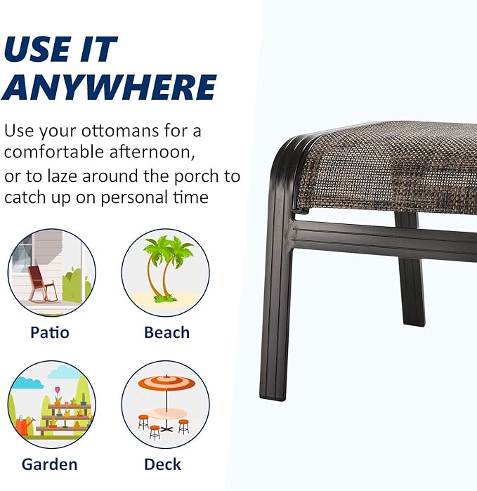Outdoor Patio Foot Rest Ottoman Seat Textilene Portable Metal Footstool Portable Patio Chairs 2 Set Brown