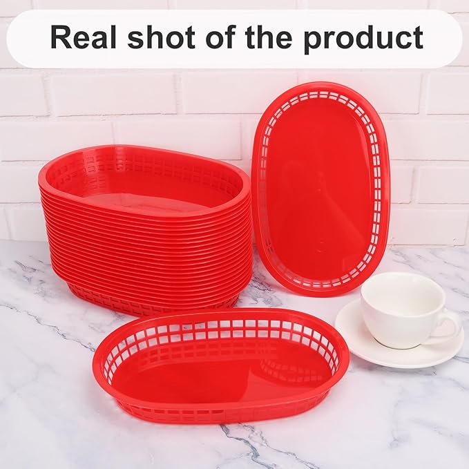 60 Pack Fast Food Baskets, 10.6 x6. 7 Inch Versatile Red Plastic Food Baskets, Food Service Tray for Burgers, Fries, Sandwiches, Hot Dogs, Barbecues, Picnics, Parties, Durable and Safe