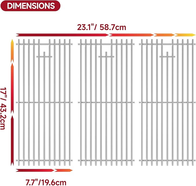 17''D x 23.1''W Grill Grates Replacement for Weber Models: Spirit E/S-310,Silver Stainless Steel Grill Grate for Genesis 1000，2Pack Grill Grates for Charbroil: 463242515