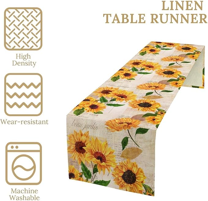 Sunflower Table Runner, Rustic Old Paper Seasonal Table Runner Farmhouse Kitchen Home Party Dining Room 13x70in