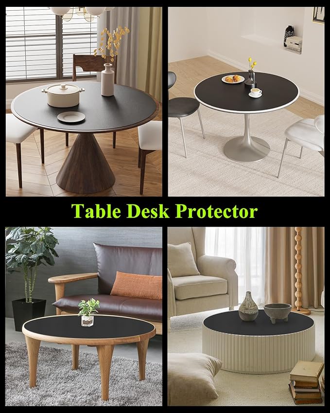 Black Plastic Table Cover Protector, 48" Round Waterproof Easy Flat PVC Desk Pad Mat, 1.5mm Thick Vinyl Table Top Protector for Dining Room Table, Office, Dresser