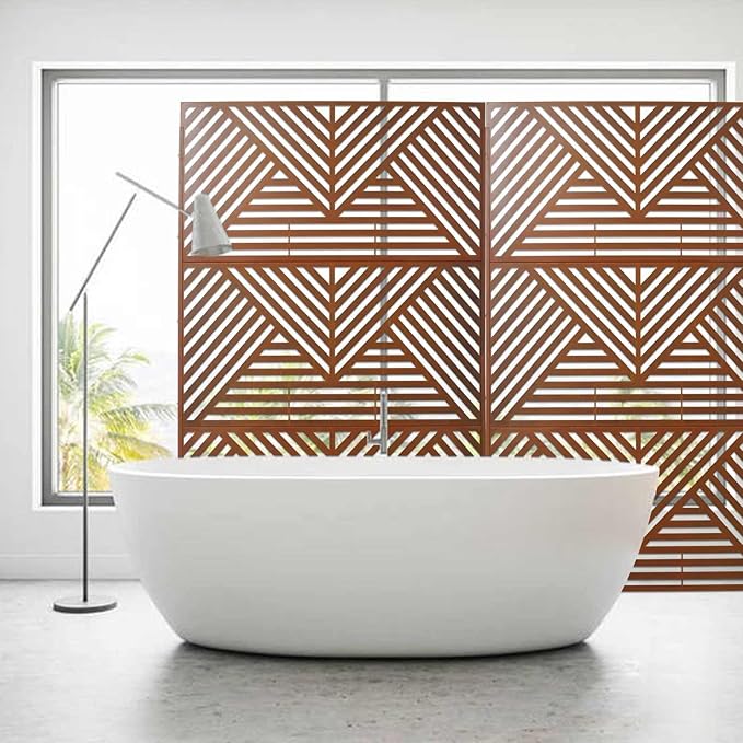 Outdoor Privacy Screen with Geometric Design – Metal Decorative Panel, Freestanding Partition, Weather-Resistant, 76"x48" for Garden, Patio, Balcony, and Yard, Rust Red