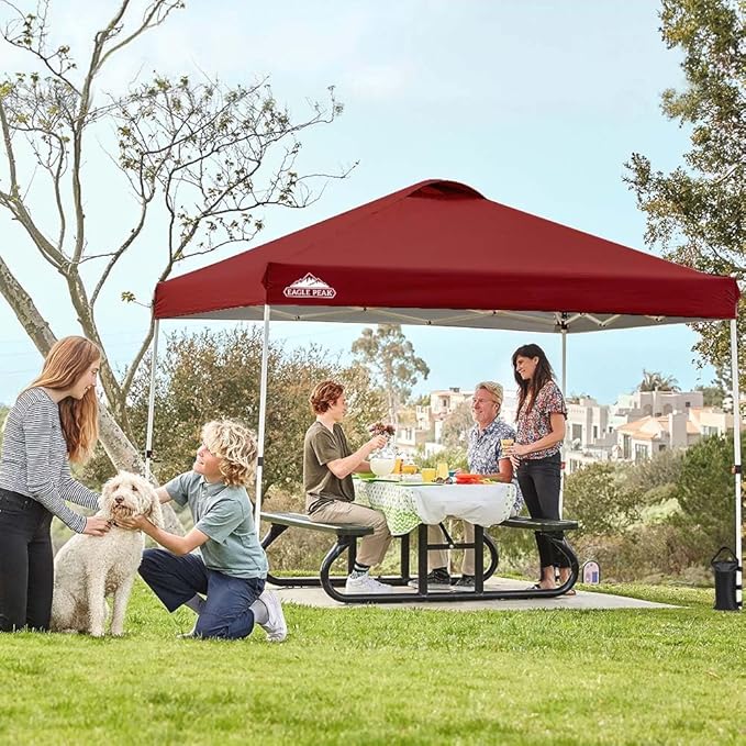 EAGLE PEAK Pop Up Canopy Tent with Wheeled Carry Bag, 8 Stakes, 4 Ropes, 4 Weight Bags, Easy Set Up Tent Canopy, 10x10 ft, 100sqft of Shade, Burgundy